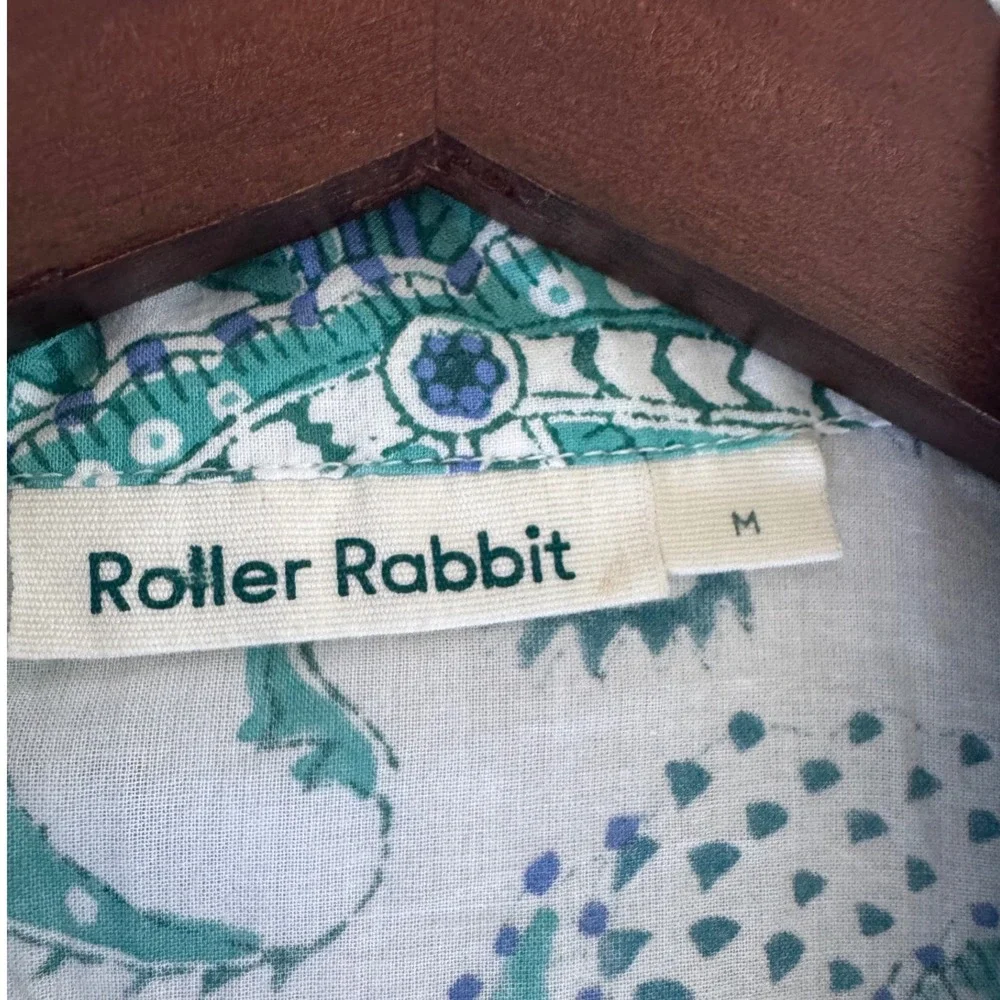 Roller Rabbit Blue Green Block Print Floral Cotton Pajama Top M Boho Prep pocket